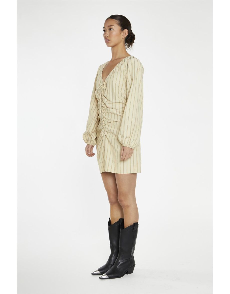 Straw-Gold Stripe Gathered Front Mini-Dress - 3