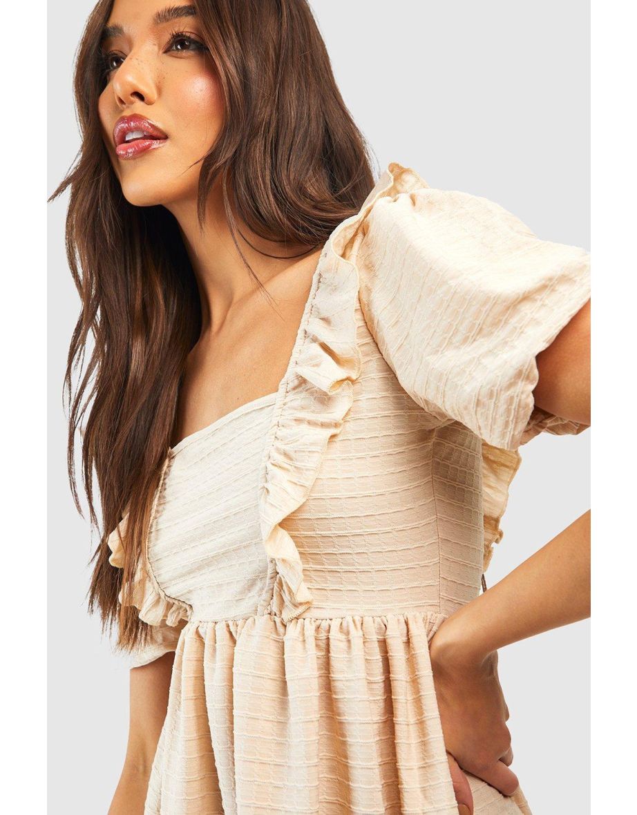 Textured Ruffle Smock Dress - stone - 3
