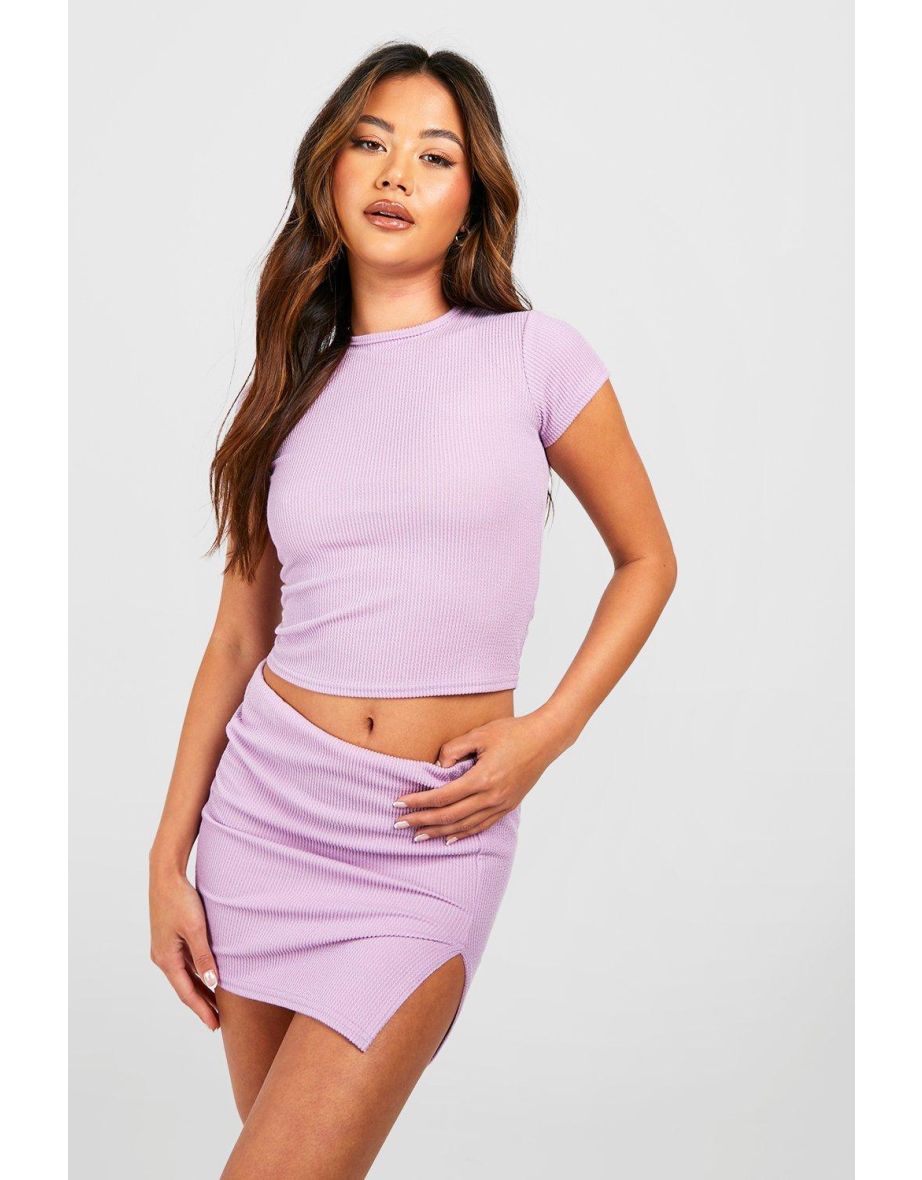 Ribbed Cap Sleeved T Shirt & Split Hem Mini Skirt - lilac