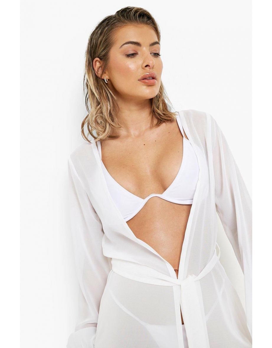 Chiffon Belted Beach Kimono - white - 3