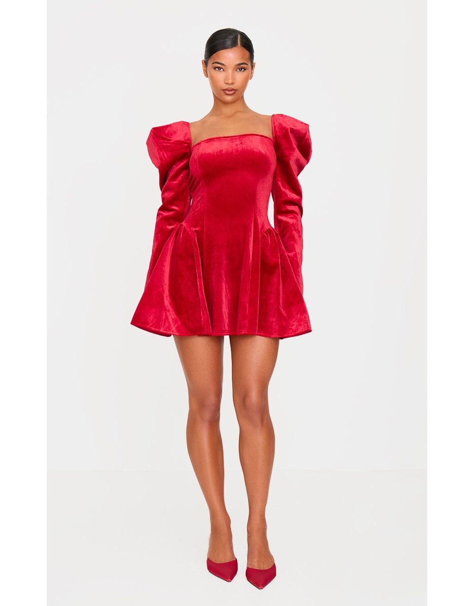 Red Velvet Extreme Puff Sleeve Skater Dress