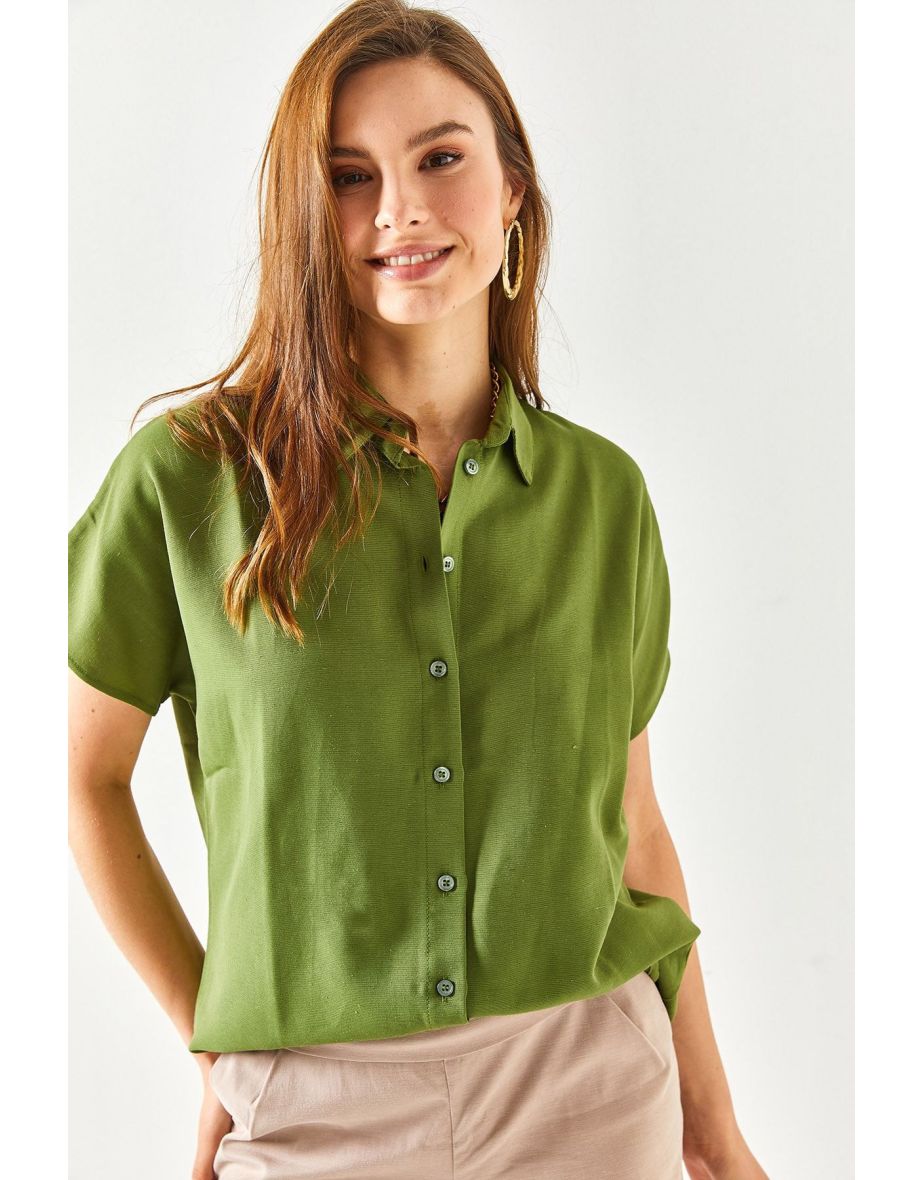 Women's Khaki Bat Oversize Linen Shirt - 7