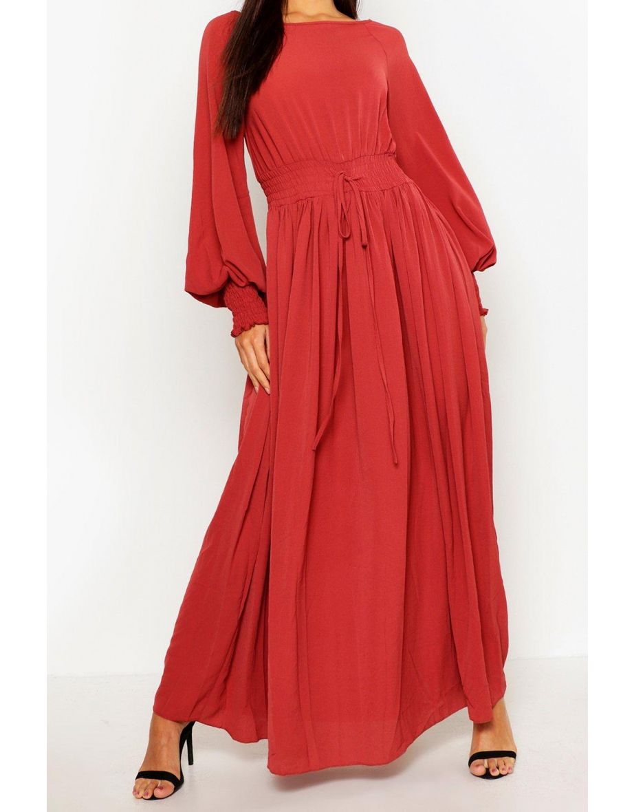Shirred Waist & Cuff Woven Maxi Dress - rose - 3