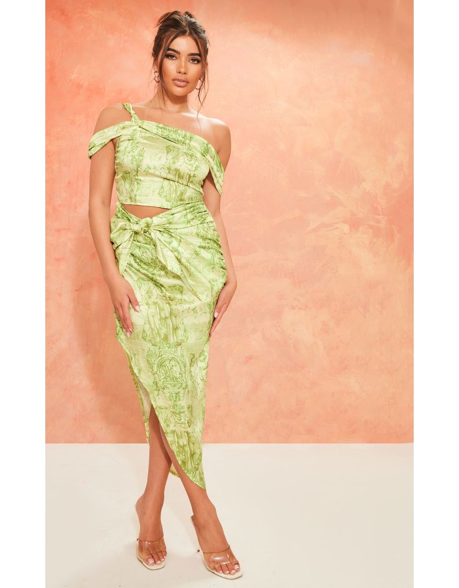 Lime Renaissance Print Satin One Shoulder Knot Detail Maxi  Dress