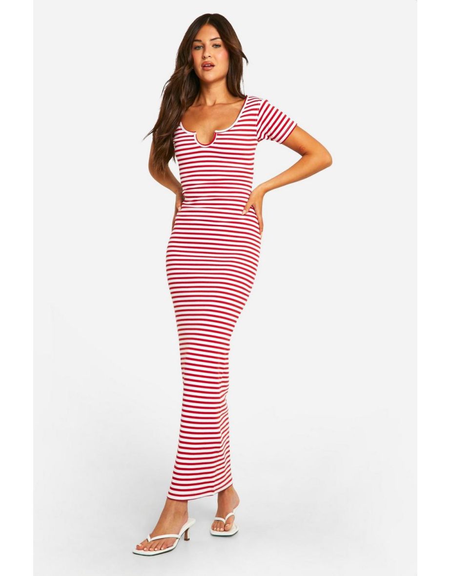 Basic Stripe Rib Notch Maxi Dress