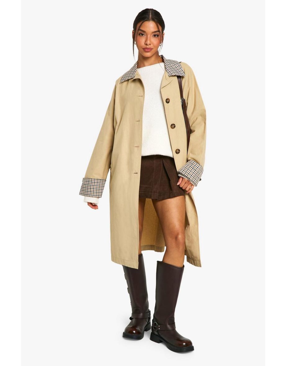 Check Collar Trench Coat - stone