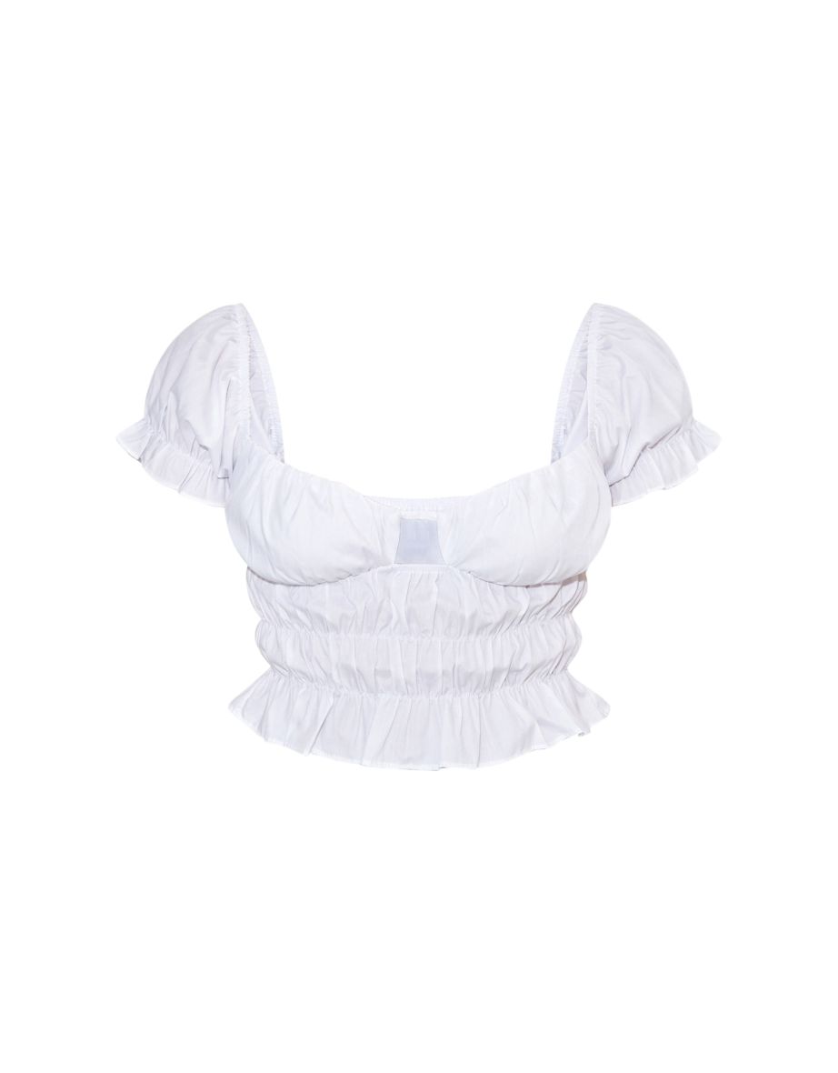 White Shirred Ruched Crop Top - 4