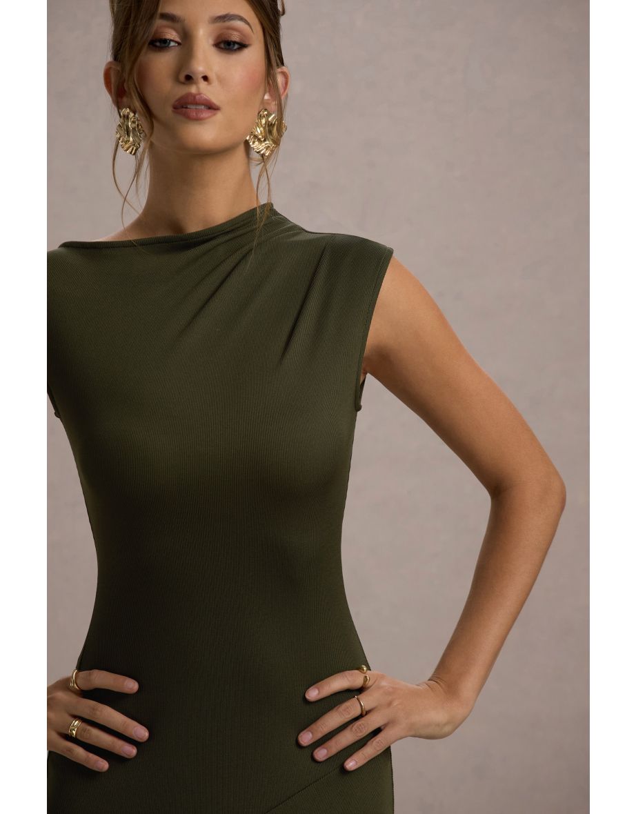 Ondine | Khaki Asymmetric Draped Midi Dress - 5