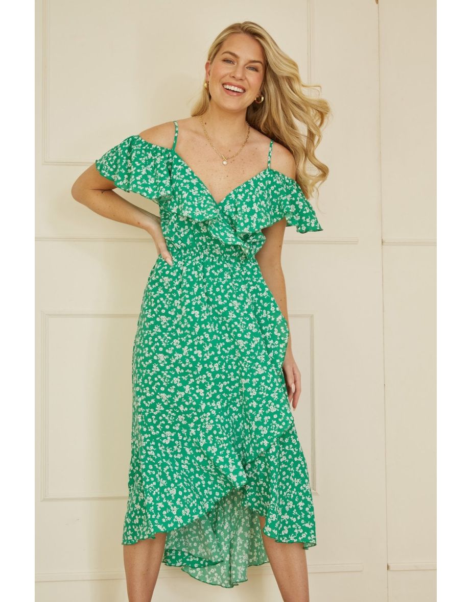 Mela Green Ditsy Print Bardot Midi Dress With Dip Hem