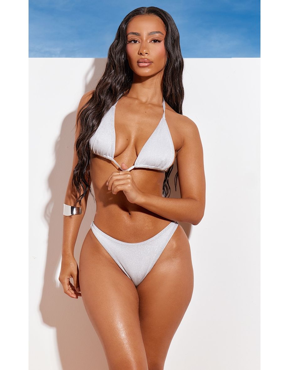 Silver Glitter Detail Triangle Bikini Top