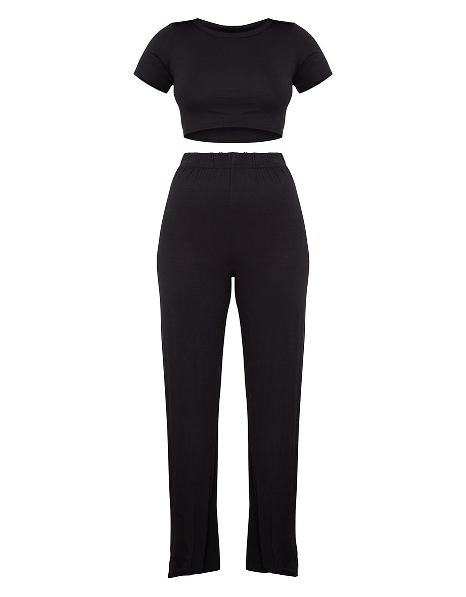 Black Cropped T-Shirt And Wide Leg Trouser PJ Set - 4