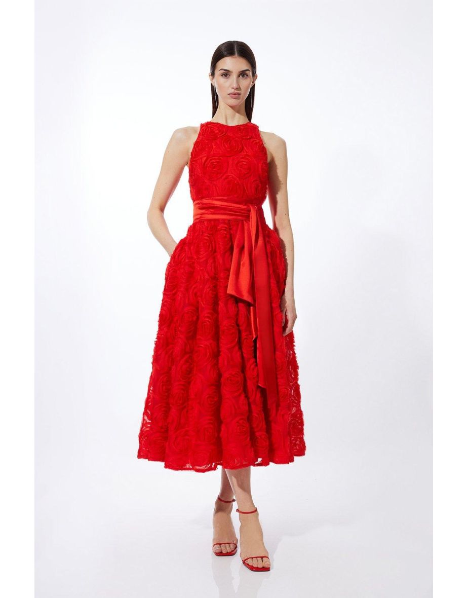 Romantic Rosette Texture Woven Prom Midaxi Dress
