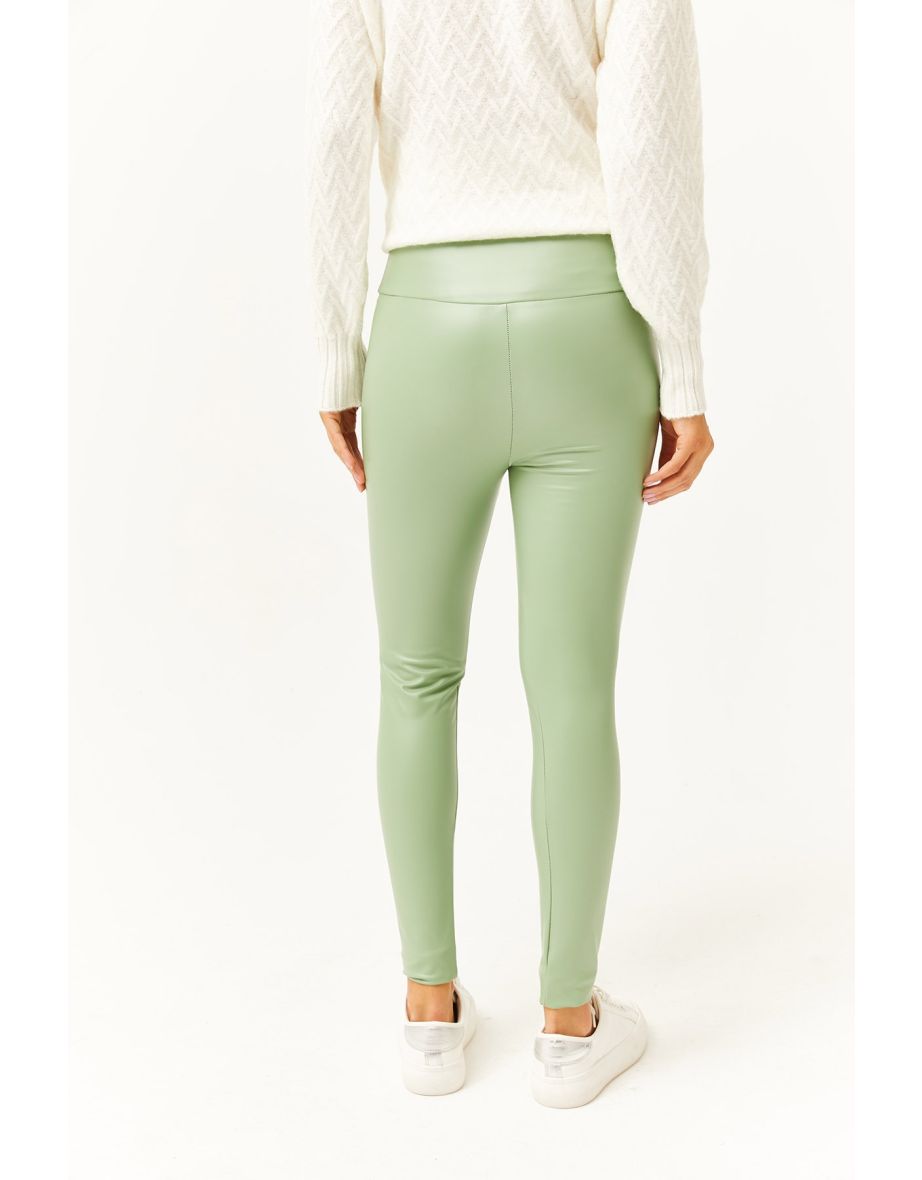 Women's Almond Green Fleece High Waist Leather Look Leggings - 4
