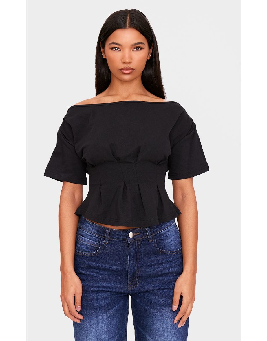 Black Cinched Waist Structured T Shirt