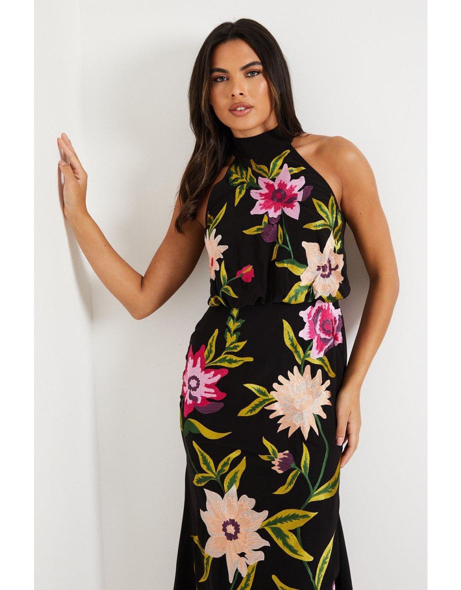 High Neck Midi Dress With Floral Embroidery - 3