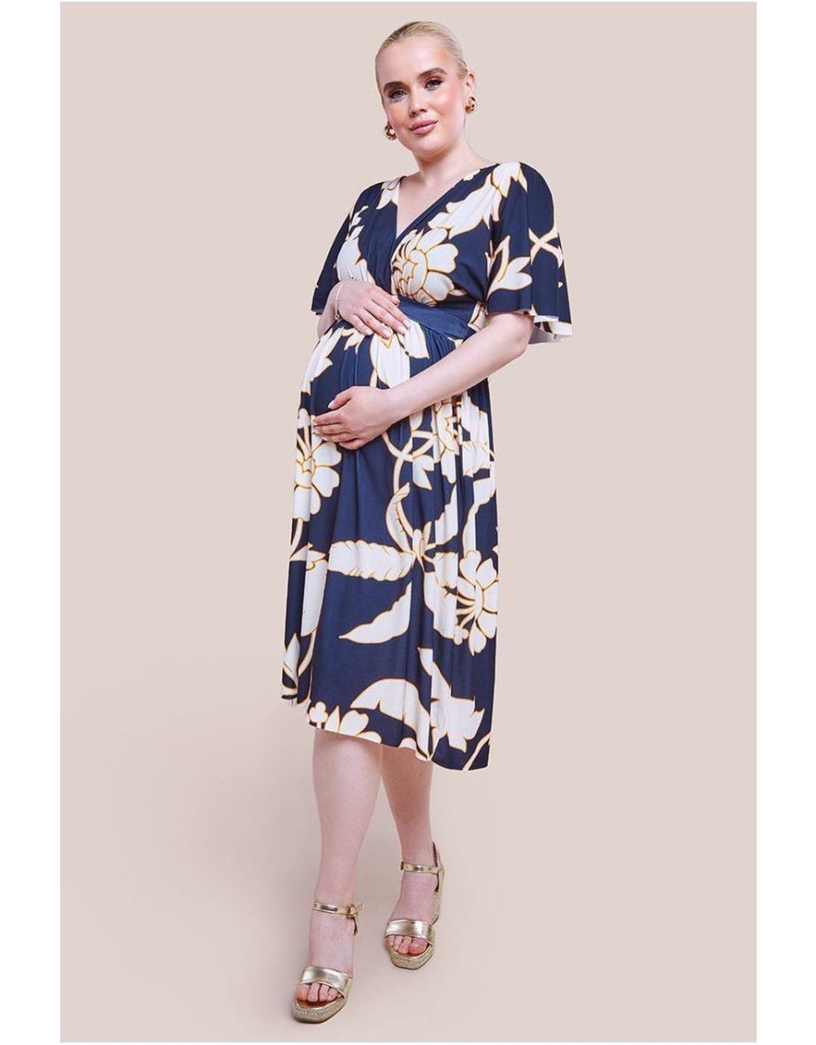 Goddiva Maternity Leaf Print Flutter Sleeve Dress - Navy