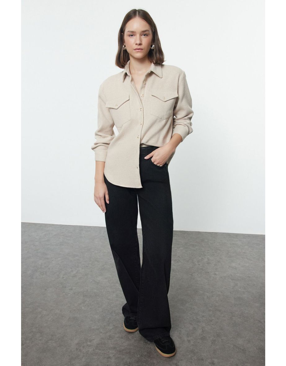 Beige Cashmere Oversize Wide Pattern Woven Shirt
