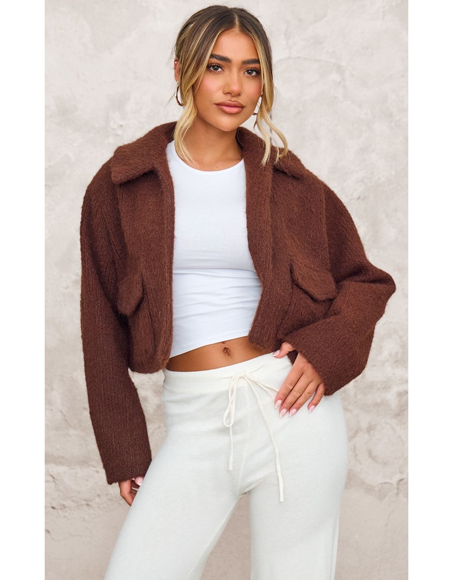 Chocolate Wool Look Pocket Detail Up Jacket
