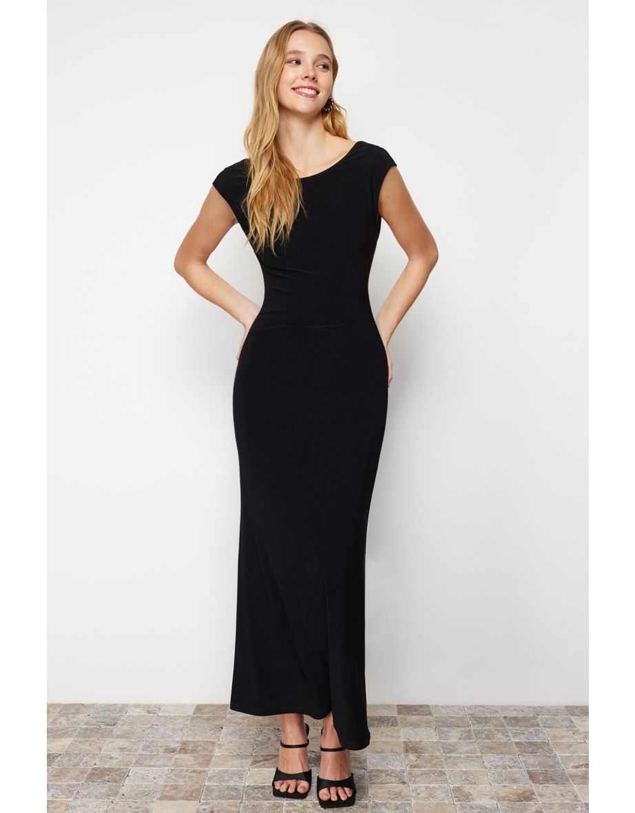 Black Decollete Decollete Fitted Stretch Knit Dress