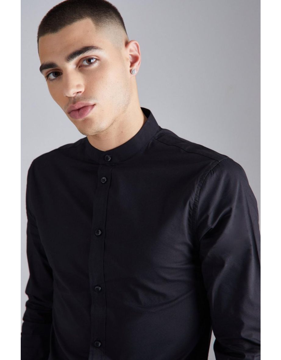 Long Sleeve Grandad Collar Muscle Shirt - black - 2