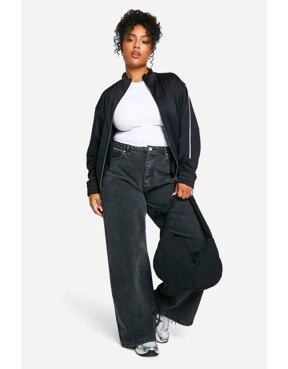 PLUS TRICOT PIPING DETAIL ZIP THROUGH TRACK JACKET - black