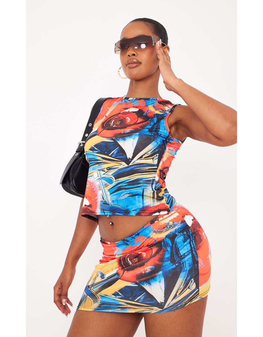 Shape Red Slinky Lip Print Longline Sleeveless Top