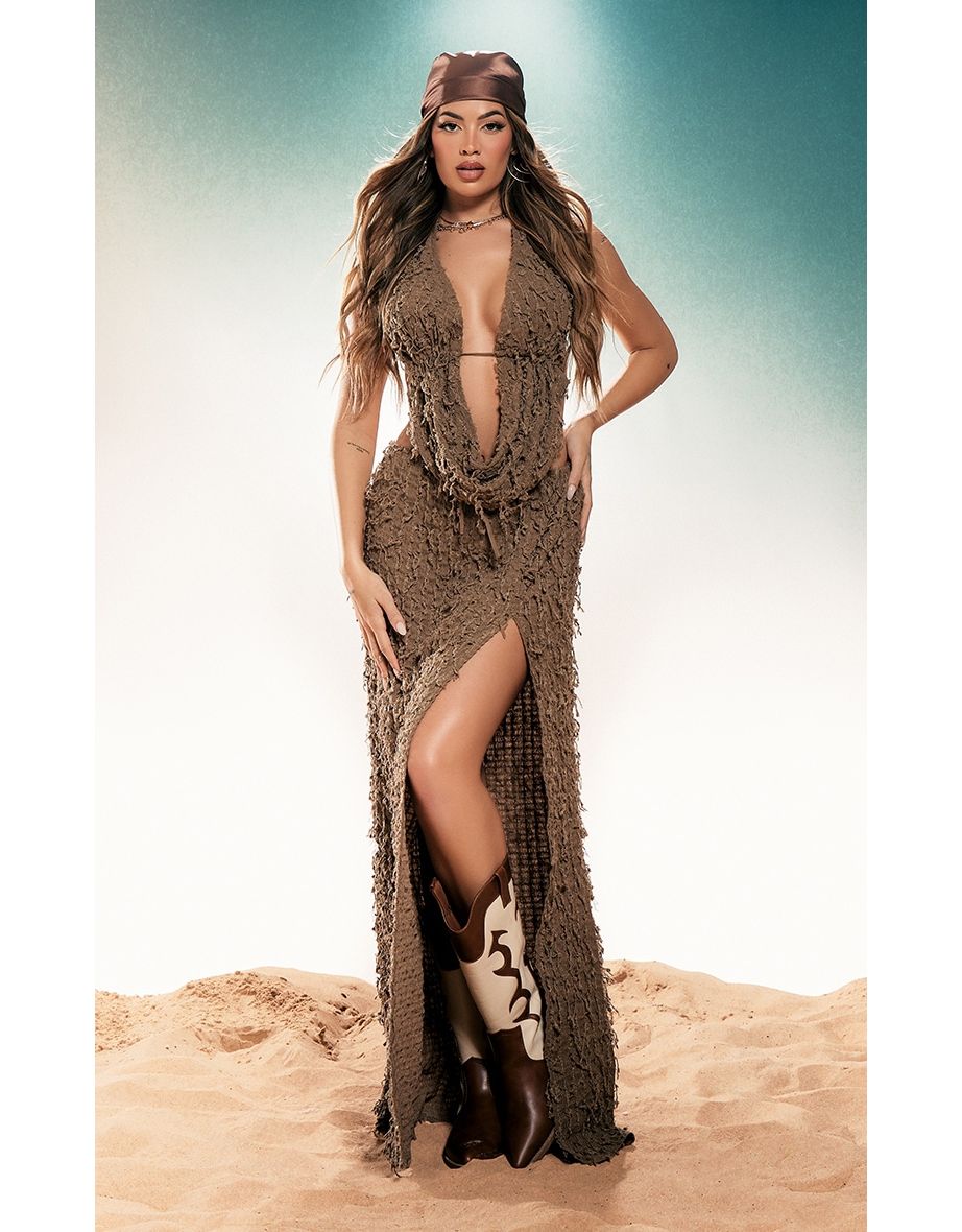Dark Taupe Distressed Side Split Maxi Skirt