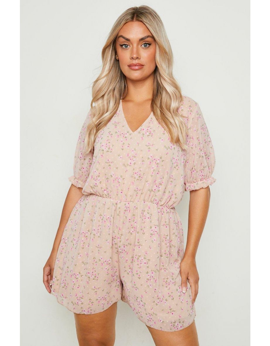 Plus Woven Dobby Ditsy Floral Playsuit - nude