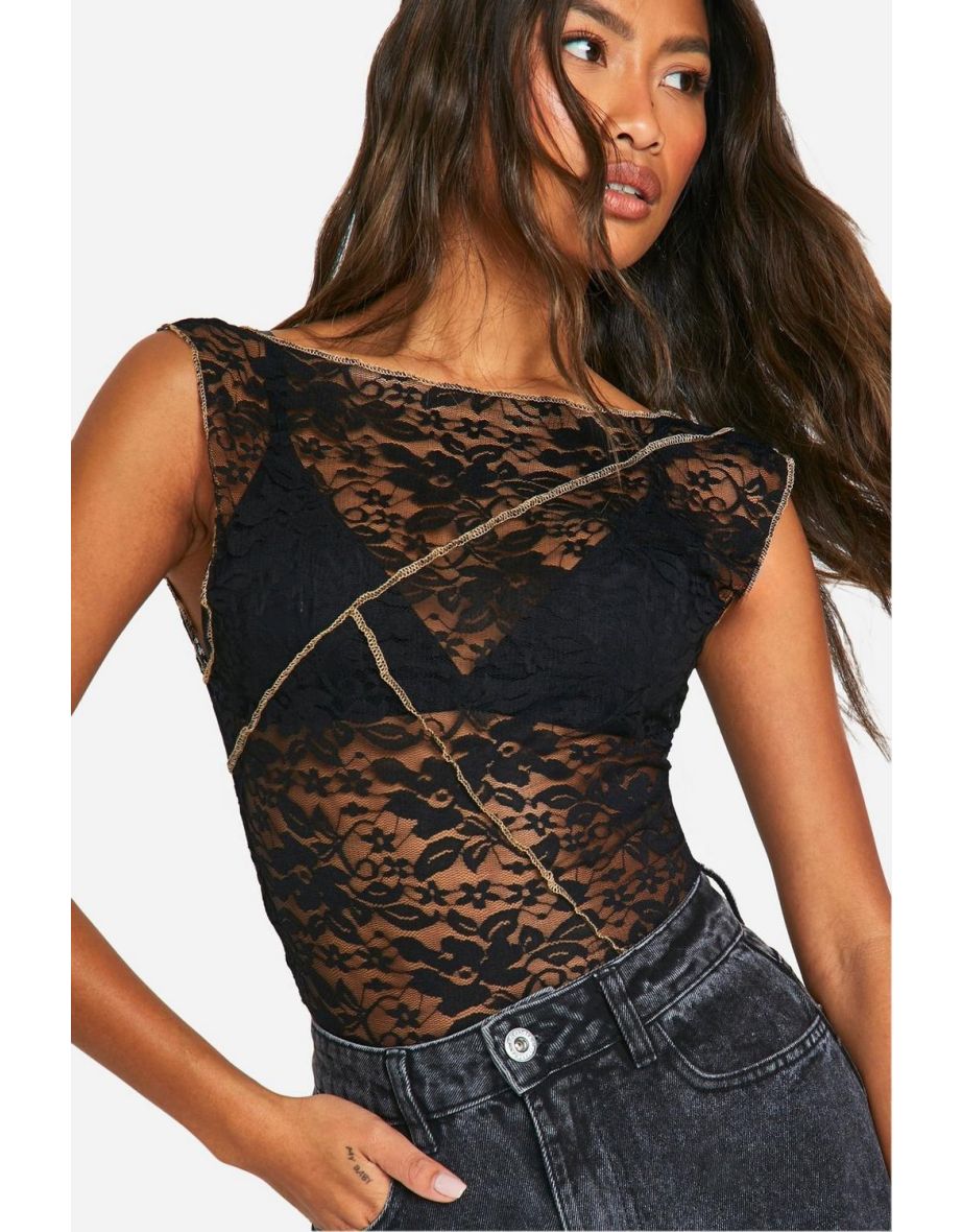 Exposed Seam Lace Top - black