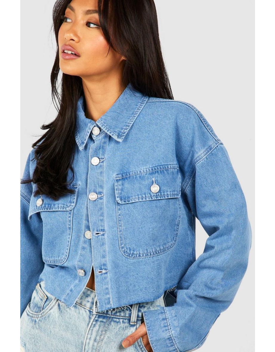 Raw Hem Curved Back Cropped Denim Shirt - light blue