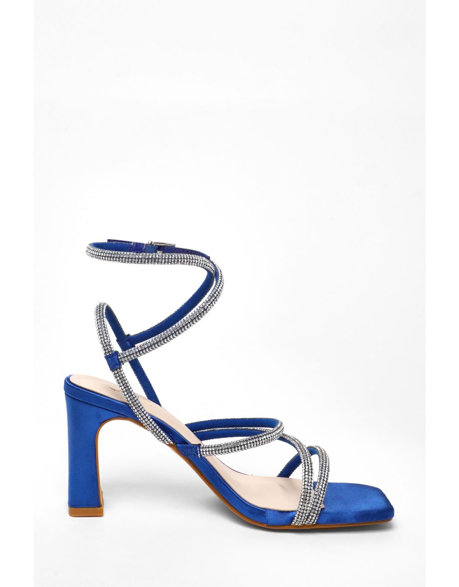 Royal Blue Diamante Strappy Block Heeled Sandals - 4