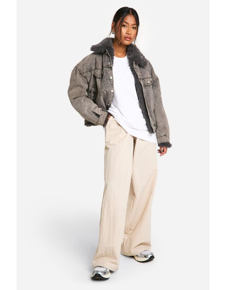 Faux Fur Collar Denim Jacket - grey