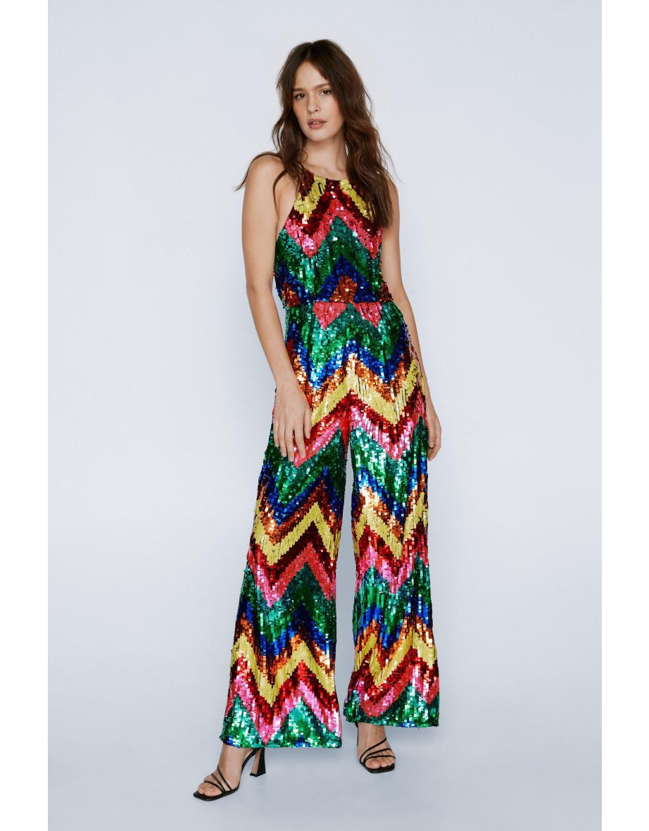 Zig Zag Sequin Wide Leg Jumpsuit