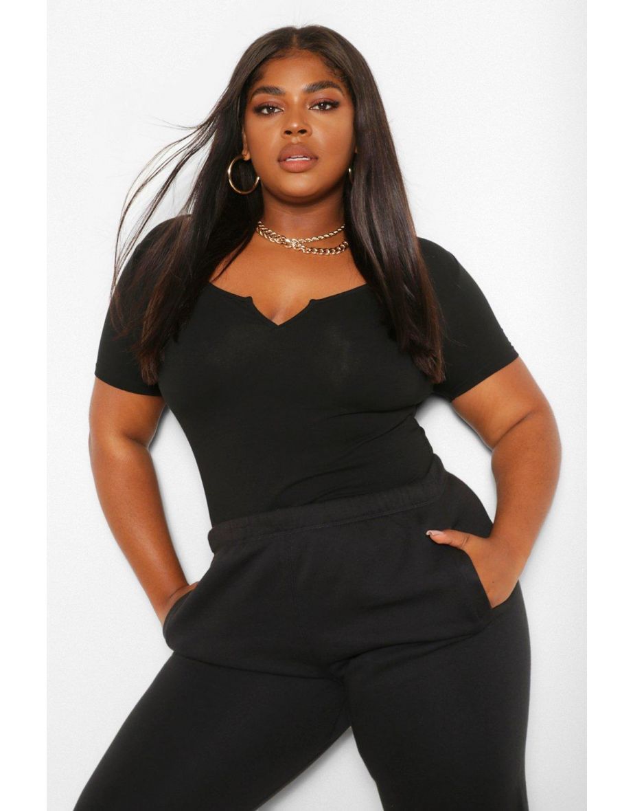 Plus Notch Scoop Neck Cap Sleeve Bodysuit - black