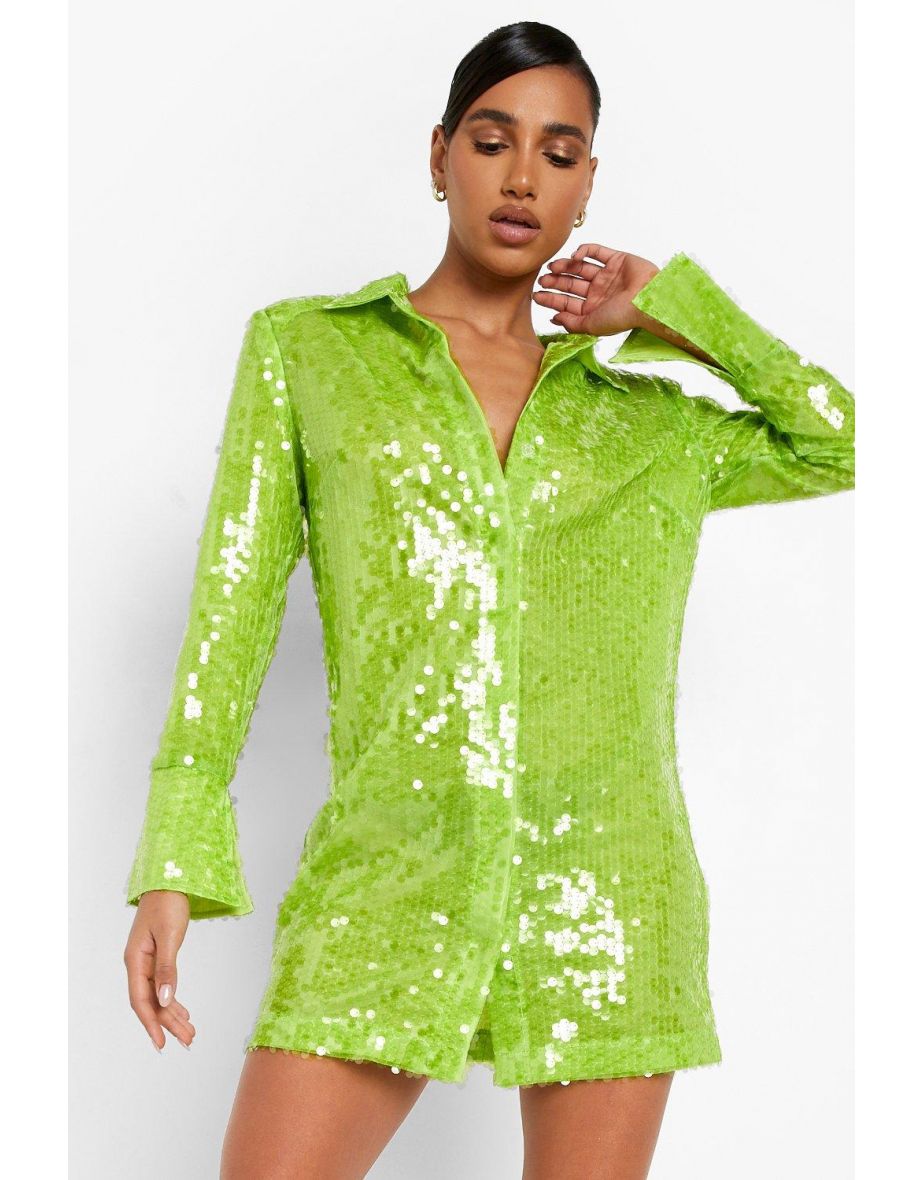 Sequin Split Cuff Power Shoulder Shirt Party Dress - lime - 3