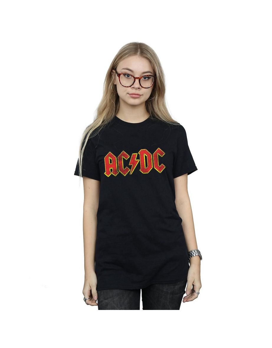 AC/DC Womens/Ladies Distressed Logo Cotton Boyfriend T-Shirt - Black