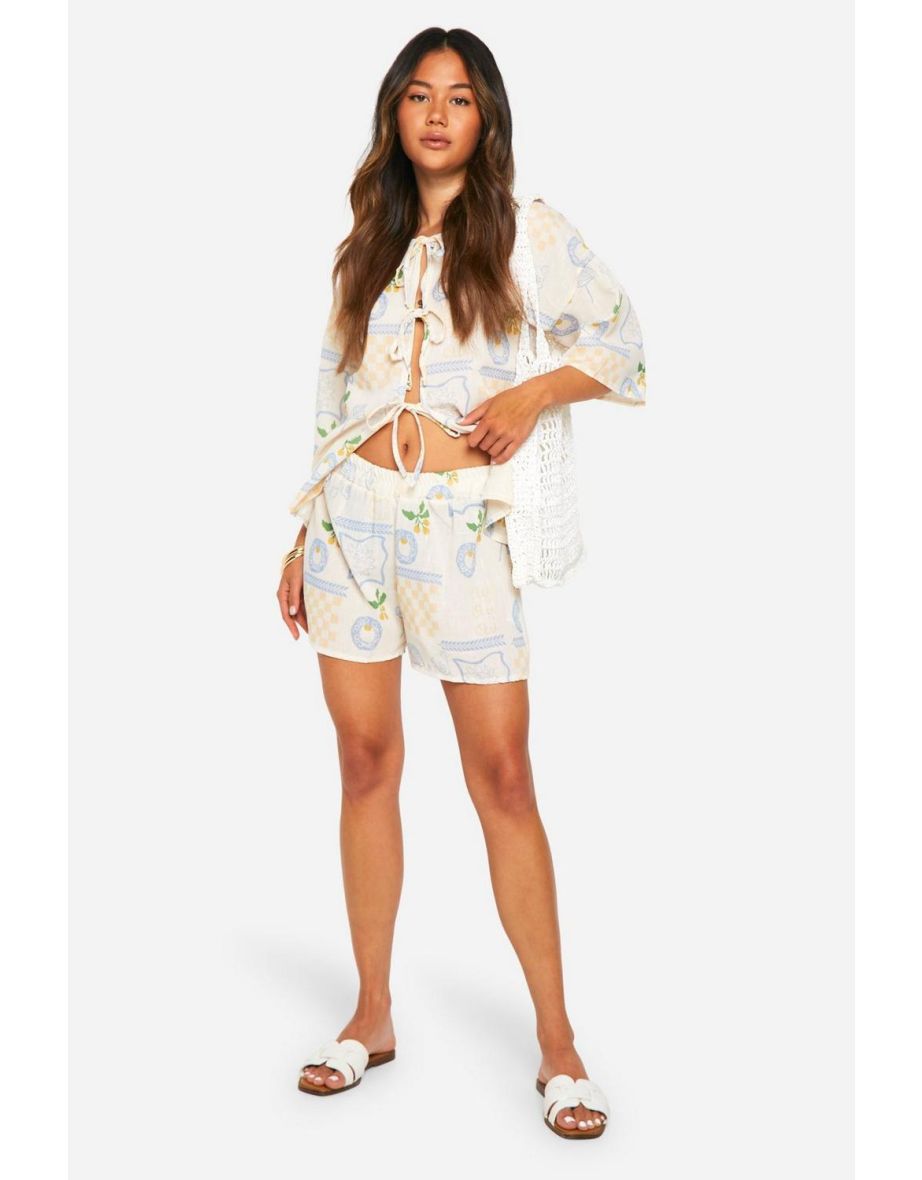 Postcard Print Tie Front Volume Sleeve Blouse & Flippy Shorts - stone