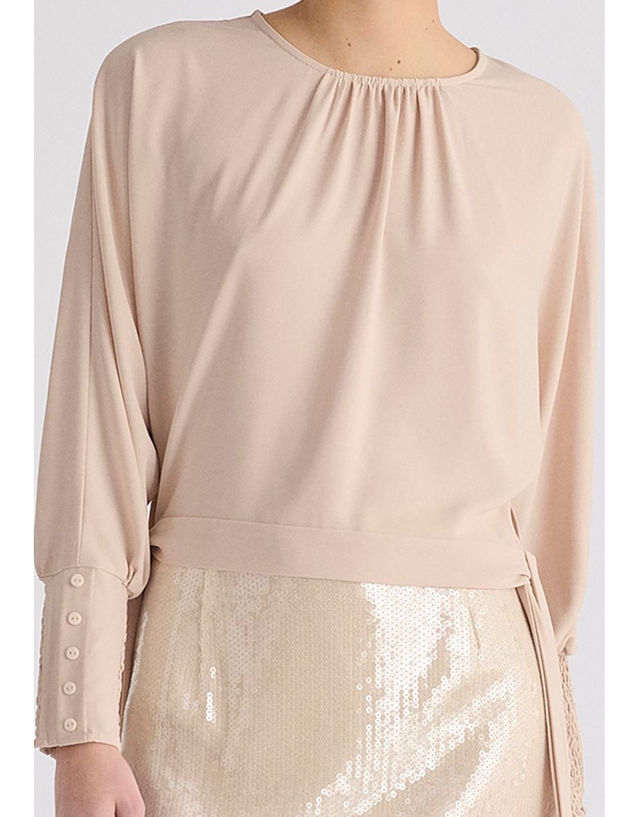 Waist Tie Top with Shirred Cuffs - 5