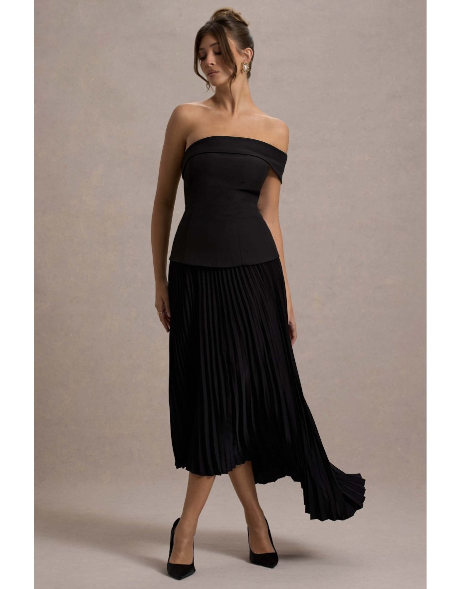 Pauline | Black Bardot Tailored Maxi Dress With Plisse Skirt
