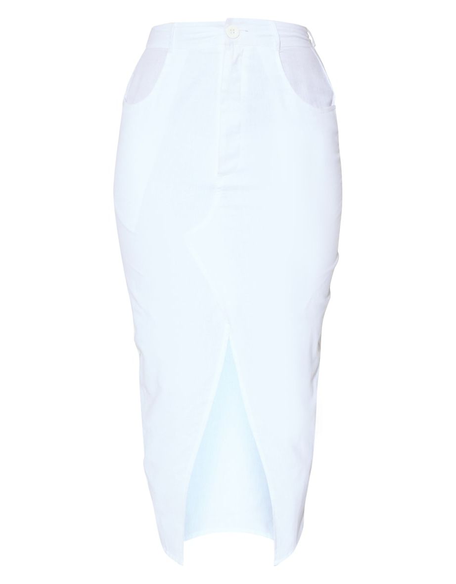 White Linen Look Split Front Midi Skirt - 4