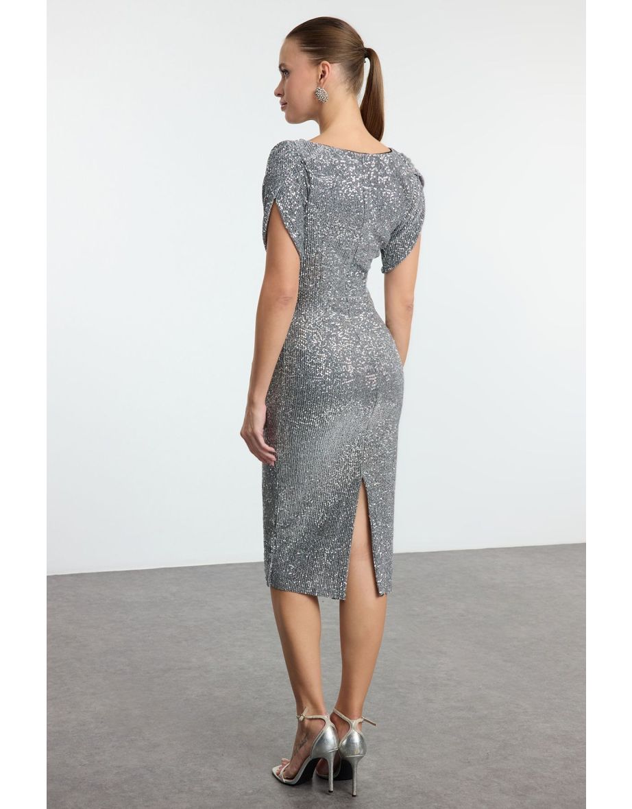 Silver Body-Styling Glitter Knitted Sequin Elegant Evening Dress - 4