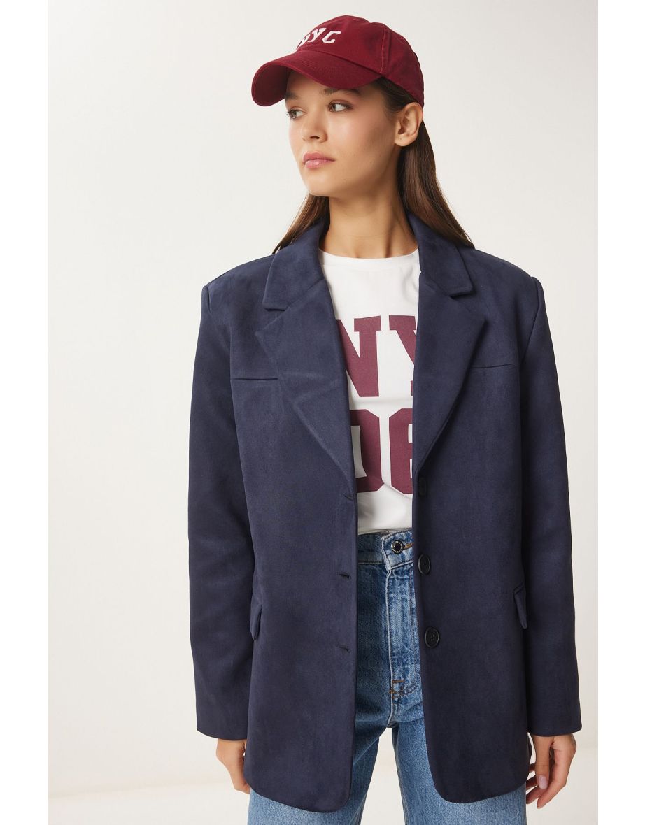 Women's Dark Navy Blue Premium Suede Blazer Jacket