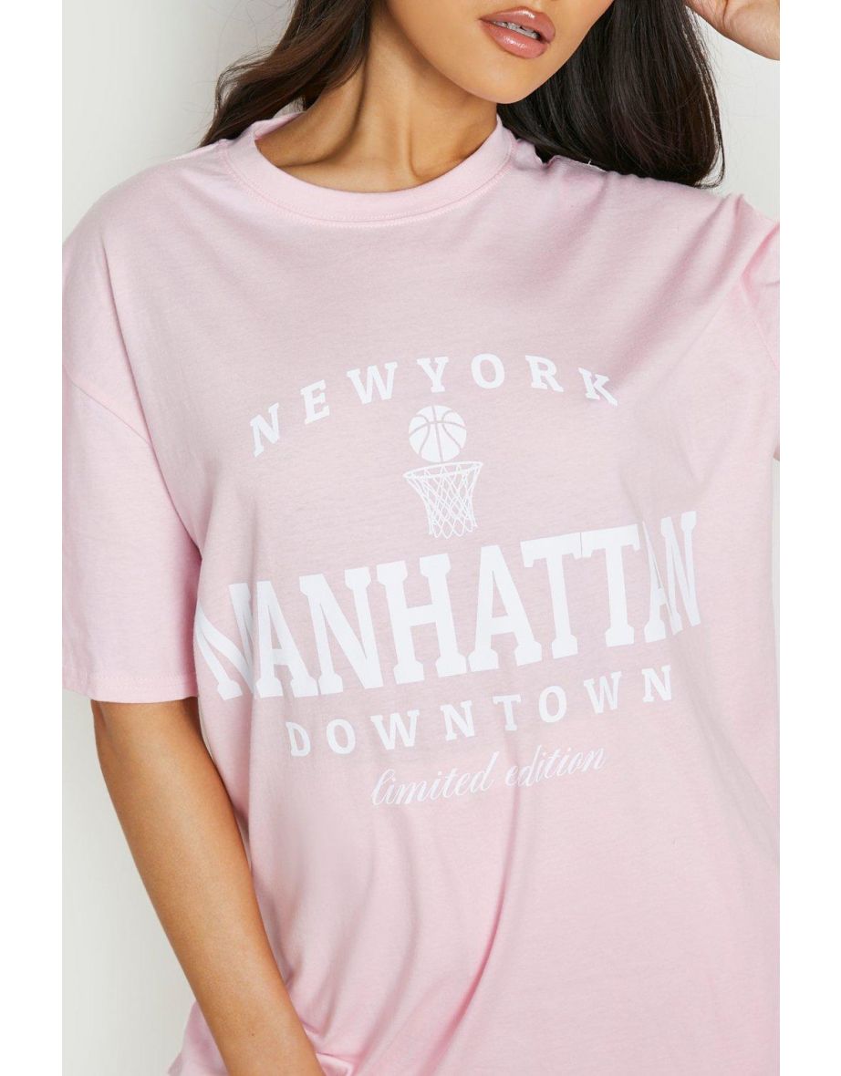 Manhattan Slogan Printed Oversized T-shirt - pale pink - 3