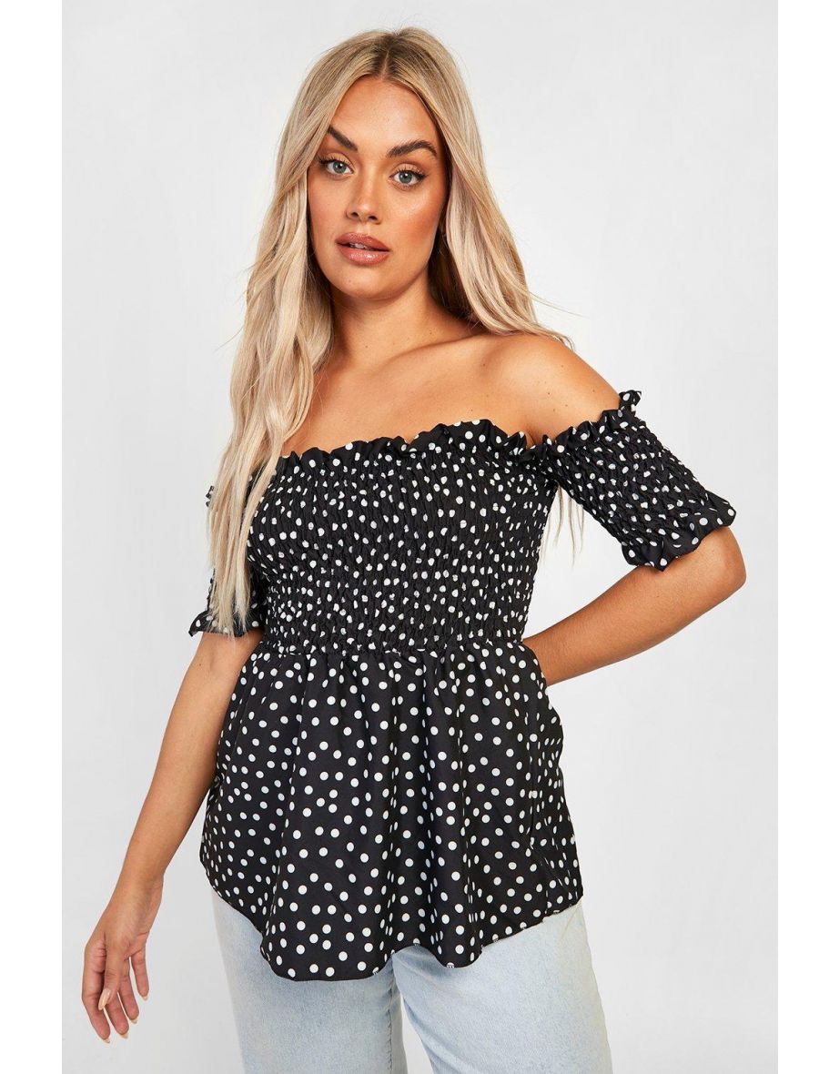 Plus Polka Dot Off The Shoulder Top - black