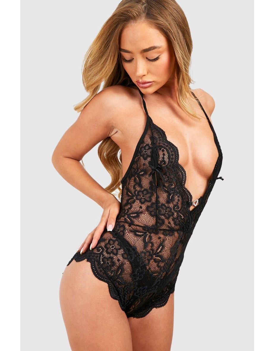 Valentine's Heart Trim Crotchless Bodysuit - black - 1