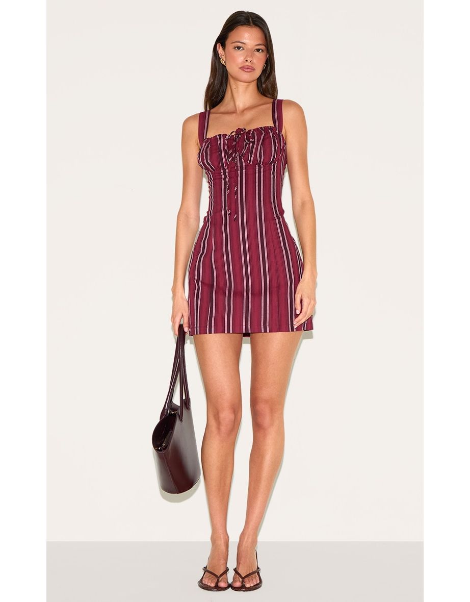 Burgundy Pinstripe Tie Detail Shift Dress
