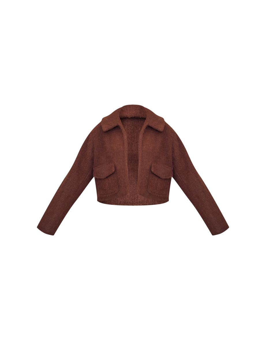 Chocolate Wool Look Pocket Detail Up Jacket - 4