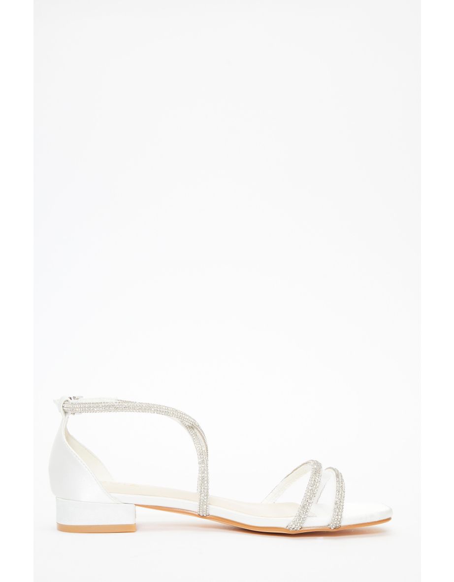 Quiz White Satin Diamante Strappy Flat Sandals - 5