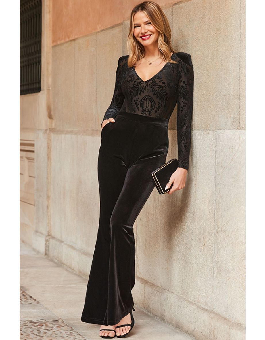 Black Two Part Luxe Velvet Kick Flare Jumpsuit