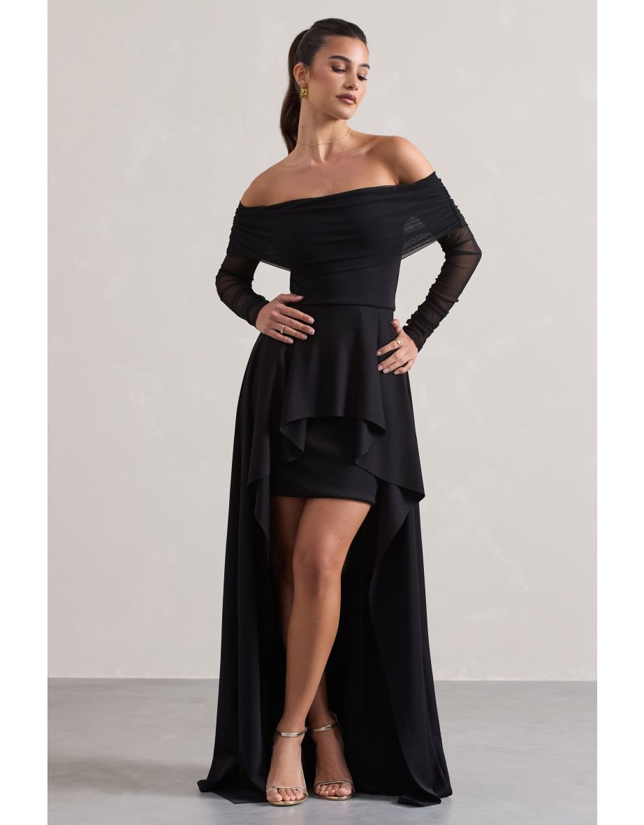 Lunara | Black Bardot High-Low Floor Dress